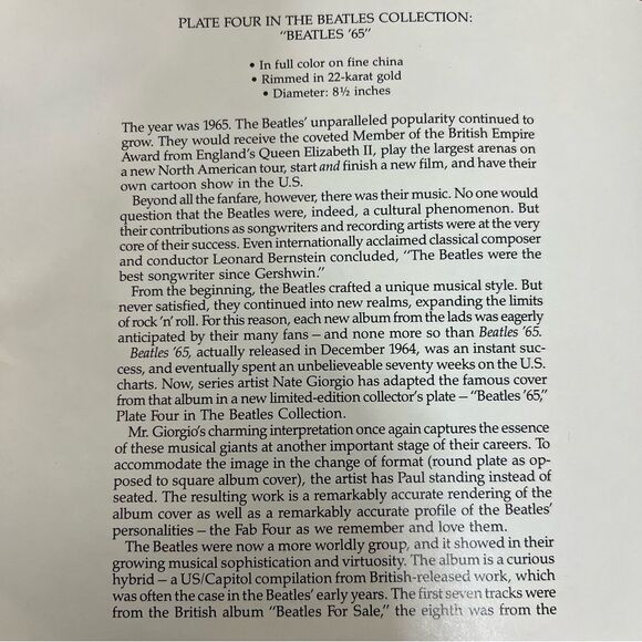 Beatles ‘65 Collector Plate Limited Edition The Beatles Collection Nate Giorgio - Picture 8 of 13